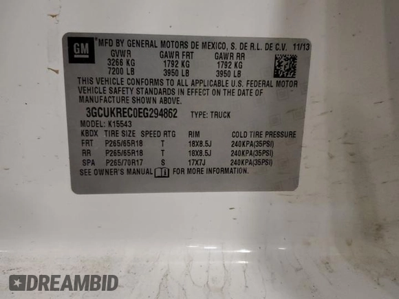 2014 Chevrolet Silverado 1500 LT with VIN 3GCUKREC0EG294862, listed as a Copart auction lot 53504995 with 115,164 mi miles and Salvage Title. Bid and sale history available at DreamBid. Image 12.