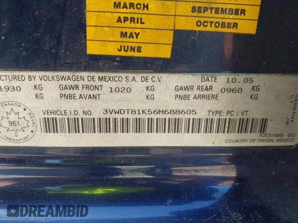 2006 Volkswagen Jetta 1.9L TDI with VIN 3VWDT81K56M688605, listed as a IAAI auction lot 42650004 with Not provided miles and . Bid and sale history available at DreamBid. Image 9.