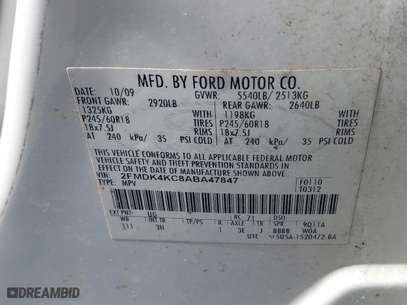 2010 Ford Edge Limited with VIN 2FMDK4KC8ABA47847, listed as a IAAI auction lot 42061490 with 1 mi miles. Bid and sale history available at carsss.com. Image 9.