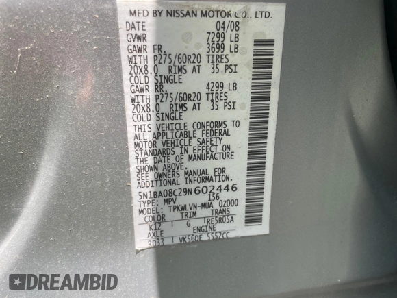 2009 Nissan Armada LE z VIN 5N1BA08C29N602446, wystawiony jako IAAI lot #42312601 z przebiegiem Nie podano mil oraz . Historia ofert i sprzedaży dostępna na DreamBid. Obrazek 8.