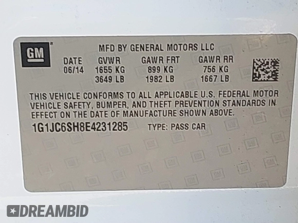 2014 Chevrolet Sonic LT with VIN 1G1JC6SH8E4231285, listed as a IAAI auction lot 41680059 with 167,666 mi miles. Bid and sale history available at carsss.com. Image 9.