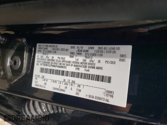 2019 Ford F-150 XL with VIN 1FTEW1CP0KFA68933, listed as a Copart auction lot 58532805 with Not provided miles and Salvage title. Bid and sale history available at DreamBid. Image 12.