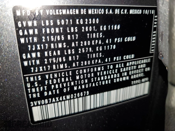 2019 Volkswagen Tiguan S z VIN 3VV0B7AX4KM026679, wystawiony jako Copart lot #49589295 z przebiegiem 80 971 mil mil oraz Szkoda całkowita • Salvage title. Historia ofert i sprzedaży dostępna na DreamBid. Obrazek 14.