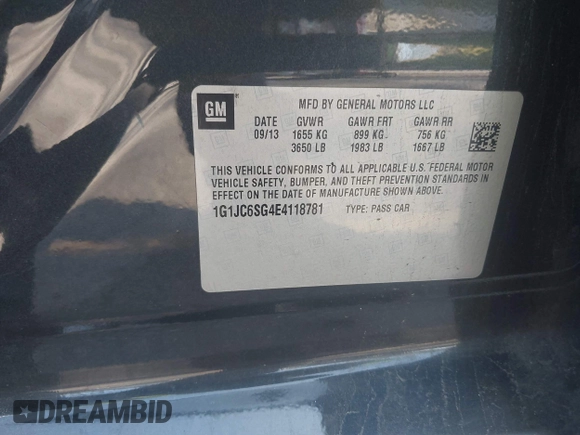 2014 Chevrolet Sonic LT with VIN 1G1JC6SG4E4118781, listed as a IAAI auction lot 41862192 with 124,375 mi miles. Bid and sale history available at carsss.com. Image 9.