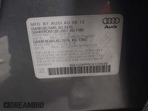 2012 Audi Q5 Premium Plus with VIN WA1LFAFP6CA129648, listed as a IAAI auction lot 42363980 with 91,943 mi miles and . Bid and sale history available at DreamBid. Image 9.