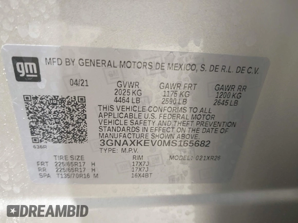 2021 Chevrolet Equinox LT z VIN 3GNAXKEV0MS165682, wystawiony jako IAAI lot #42419436 z przebiegiem 42 199 mil mil oraz . Historia ofert i sprzedaży dostępna na DreamBid. Obrazek 9.