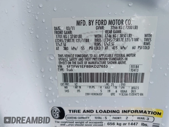 2011 Ford F-150 XL with VIN 1FTFW1EF8BKD27653, listed as a IAAI auction lot 41497710 with 199,061 mi miles. Bid and sale history available at carsss.com. Image 9.