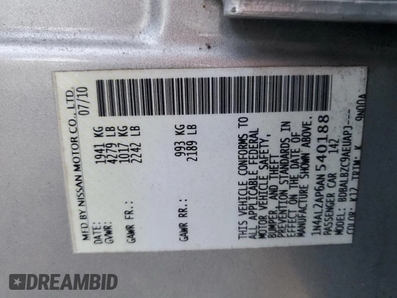 2010 Nissan Altima 2.5 S with VIN 1N4AL2AP6AN540188, listed as a Copart auction lot 51297315 with 216,798 mi miles and Salvage Title. Bid and sale history available at carsss.com. Image 12.