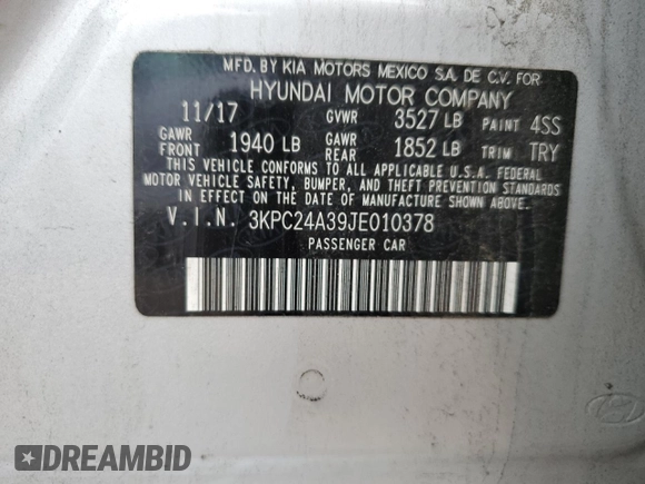 2018 Hyundai Accent SEL with VIN 3KPC24A39JE010378, listed as a Copart auction lot 70599563 with 57,053 mi miles. Bid and sale history available at carsss.com. Image 12.