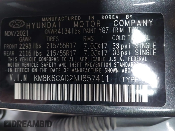 2022 Hyundai Kona SEL with VIN KM8K6CAB2NU857411, listed as a IAAI auction lot 41860564 with 29,199 mi miles and . Bid and sale history available at DreamBid. Image 9.