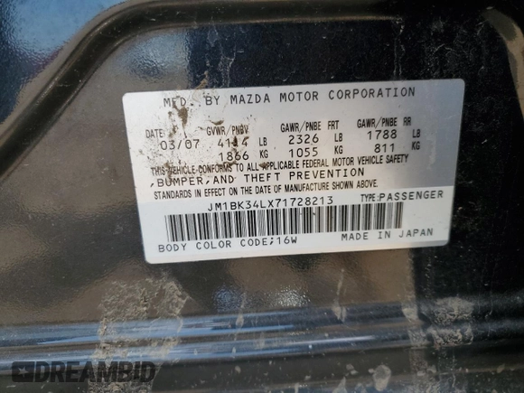 2007 Mazda 3 Mazdaspeed3 Sport with VIN JM1BK34LX71728213, listed as a Copart auction lot 59365595 with 137,170 mi miles and Salvage title. Bid and sale history available at DreamBid. Image 12.