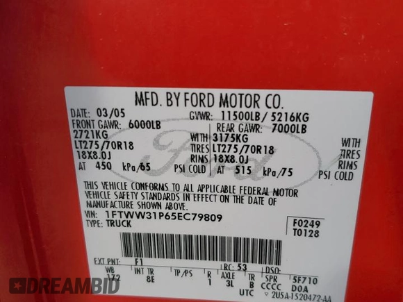 2005 Ford F-350 XL with VIN 1FTWW31P65EC79809, listed as a Copart auction lot 49601805 with 192,539 mi miles and Salvage Title. Bid and sale history available at DreamBid. Image 14.