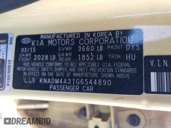 2016 Kia Rio LX with VIN KNADM4A31G6544890, listed as a Copart auction lot 48296555 with 125,169 mi miles and Salvage Title. Bid and sale history available at carsss.com. Image 14.