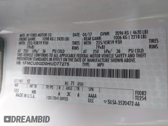 2017 Ford Escape SE with VIN 1FMCU0GD0HUD77275, listed as a IAAI auction lot 41890360 with 94,914 mi miles. Bid and sale history available at carsss.com. Image 9.