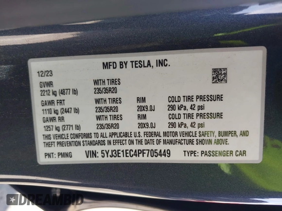 2023 Tesla Model 3 Performance with VIN 5YJ3E1EC4PF705449, listed as a IAAI auction lot 41587026 with 30,292 mi miles. Bid and sale history available at carsss.com. Image 9.