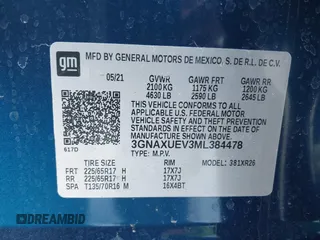 2021 Chevrolet Equinox LT z VIN 3GNAXUEV3ML384478, wystawiony jako IAAI lot #41619576 z przebiegiem 34 176 mil mil oraz . Historia ofert i sprzedaży dostępna na DreamBid. Obrazek 9.