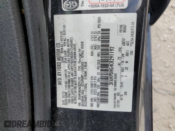 2012 Ford Fusion SE with VIN 3FAHP0HG4CR291192, listed as a Copart auction lot 56352615 with 201,551 mi miles and Salvage title. Bid and sale history available at DreamBid. Image 12.