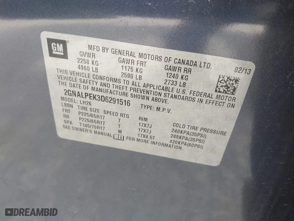 2013 Chevrolet Equinox LT with VIN 2GNALPEK3D6291516, listed as a IAAI auction lot 42063627 with 107,467 mi miles. Bid and sale history available at carsss.com. Image 9.