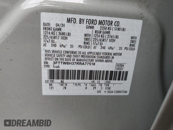 2024 Ford Maverick XLT with VIN 3FTTW8H37RRA77518, listed as a Copart auction lot 56567095 with 20,801 mi miles and Non repairable. Bid and sale history available at DreamBid. Image 12.