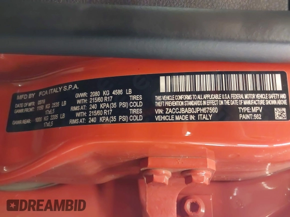 2018 Jeep Renegade Sport z VIN ZACCJBAB0JPH67560, wystawiony jako IAAI lot #42581158 z przebiegiem 68 220 mil mil oraz . Historia ofert i sprzedaży dostępna na DreamBid. Obrazek 9.