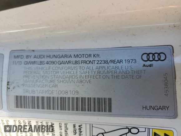 2014 Audi TTS 2.0T z VIN TRUB1AFK0E1008109, wystawiony jako Copart lot #47777655 z przebiegiem Nie podano mil oraz Tytuł czysty. Historia ofert i sprzedaży dostępna na DreamBid. Obrazek 13.