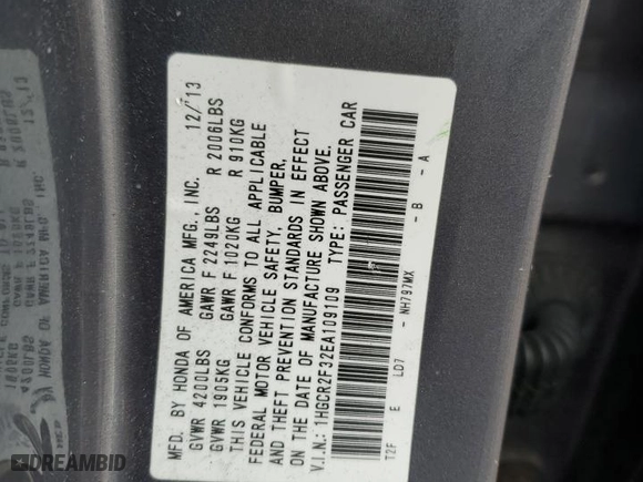 2014 Honda Accord Sedan LX with VIN 1HGCR2F32EA109109, listed as a Copart auction lot 50211875 with 185,914 mi miles and Salvage Title. Bid and sale history available at carsss.com. Image 12.