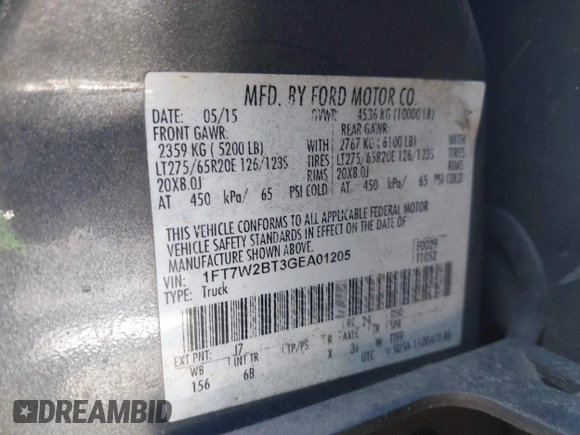 2016 Ford F-250 Lariat with VIN 1FT7W2BT3GEA01205, listed as a IAAI auction lot 41718372 with 363,877 mi miles and . Bid and sale history available at DreamBid. Image 9.