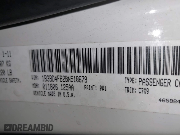 2011 Dodge Avenger Express with VIN 1B3BD4FB2BN518678, listed as a IAAI auction lot 41639682 with 178,123 mi miles and . Bid and sale history available at DreamBid. Image 9.