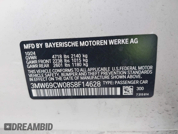 2025 BMW 3 Series 330i with VIN 3MW69CW08S8F14628, listed as a IAAI auction lot 41655546 with 1,492 mi miles and . Bid and sale history available at carsss.com. Image 9.