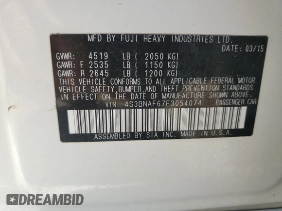 2015 Subaru Legacy Premium with VIN 4S3BNAF67F3054074, listed as a Copart auction lot 62817065 with 154,349 mi miles and Salvage title. Bid and sale history available at DreamBid. Image 12.