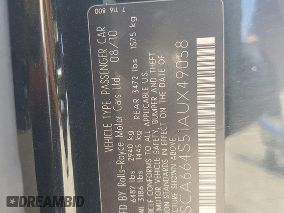 2010 Rolls-Royce Ghost z VIN SCA664S51AUX49058, wystawiony jako Copart lot #50769465 z przebiegiem 91 536 mil mil oraz Szkody całkowita. Historia ofert i sprzedaży dostępna na DreamBid. Obrazek 14.