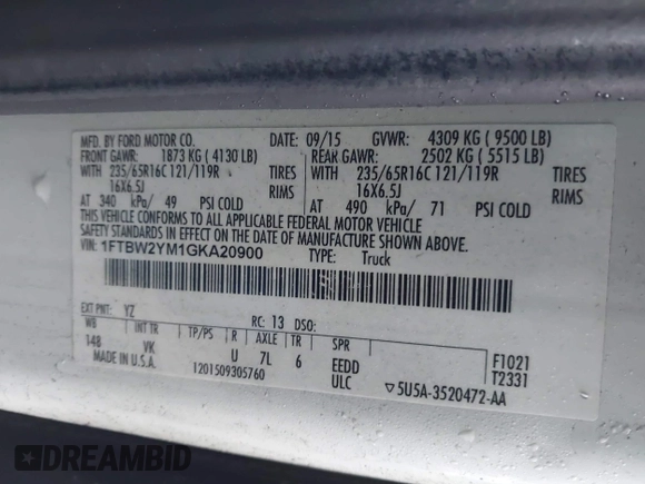2016 Ford Transit with VIN 1FTBW2YM1GKA20900, listed as a IAAI auction lot 41843639 with 208,148 mi miles and . Bid and sale history available at DreamBid. Image 9.