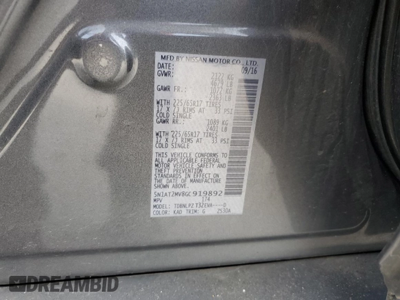 2016 Nissan Rogue SV with VIN 5N1AT2MV8GC919892, listed as a Copart auction lot 48593215 with 116,191 mi miles and Salvage Title. Bid and sale history available at carsss.com. Image 13.