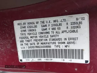 2002 Honda CR-V EX with VIN SHSRD78822U008984, listed as a IAAI auction lot 42376235 with 340,167 mi miles and . Bid and sale history available at DreamBid. Image 9.