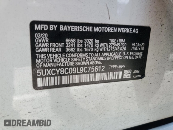 2020 BMW X6 M50i with VIN 5UXCY8C09L9C75612, listed as a Copart auction lot 44581364 with 0 mi miles. Bid and sale history available at carsss.com. Image 12.