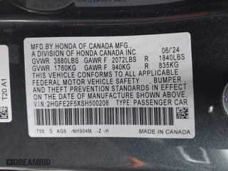 2025 Honda Civic Sedan Sport with VIN 2HGFE2F5XSH500208, listed as a IAAI auction lot 41726731 with 4,862 mi miles. Bid and sale history available at carsss.com. Image 9.