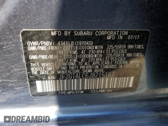 2018 Subaru Crosstrek Limited z VIN JF2GTALC6J8215162, wystawiony jako Copart lot #57972055 z przebiegiem 75 414 mil mil oraz Szkoda całkowita • Salvage title. Historia ofert i sprzedaży dostępna na DreamBid. Obrazek 12.