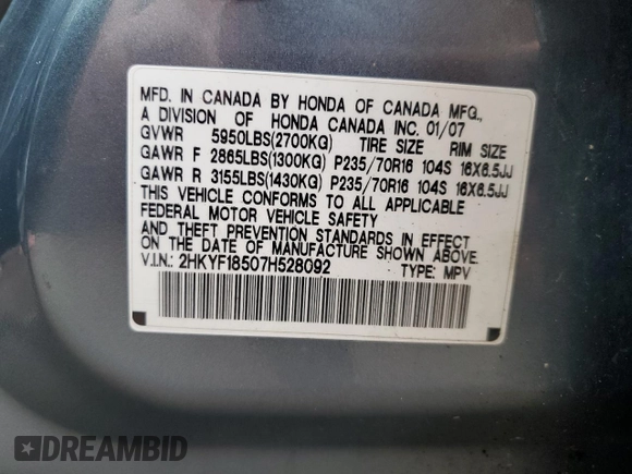2007 Honda Pilot EX-L with VIN 2HKYF18507H528092, listed as a Copart auction lot 61456745 with 251,496 mi miles and Salvage title. Bid and sale history available at DreamBid. Image 14.