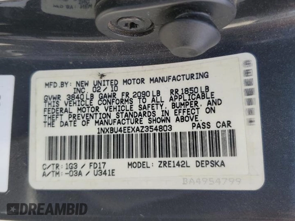 2010 Toyota Corolla with VIN 1NXBU4EEXAZ354803, listed as a Copart auction lot 61013865 with 223,171 mi miles and Salvage title. Bid and sale history available at DreamBid. Image 12.