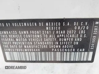 2020 Volkswagen Jetta S z VIN 3VWC57BU5LM080448, wystawiony jako IAAI lot #42267311 z przebiegiem 64 301 mil mil oraz . Historia ofert i sprzedaży dostępna na DreamBid. Obrazek 9.