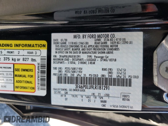 2020 Ford Fusion SE with VIN 3FA6P0LU9LR181291, listed as a Copart auction lot 63037215 with 53,549 mi miles and Salvage title. Bid and sale history available at DreamBid. Image 12.