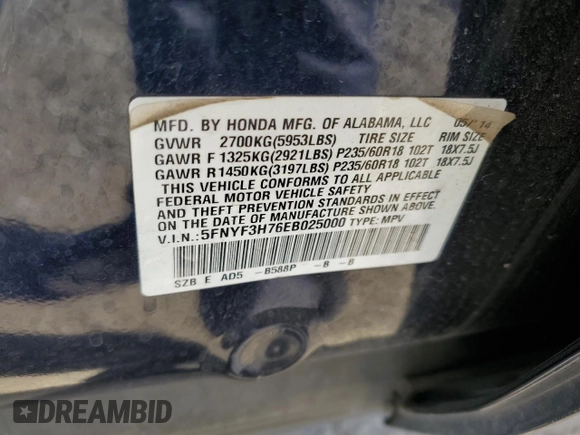 2014 Honda Pilot EX-L with VIN 5FNYF3H76EB025000, listed as a Copart auction lot 43550475 with 107,454 mi miles and Salvage Title. Bid and sale history available at carsss.com. Image 14.