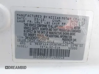 2015 Nissan Note SR with VIN 3N1CE2CP7FL422218, listed as a IAAI auction lot 41520848 with 195,204 mi miles and . Bid and sale history available at DreamBid. Image 9.