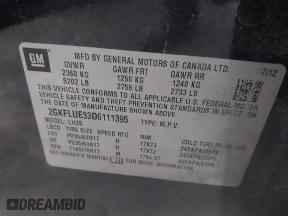 2013 GMC Terrain SLT with VIN 2GKFLUE33D6111395, listed as a IAAI auction lot 41859956 with 208,198 mi miles and . Bid and sale history available at carsss.com. Image 9.