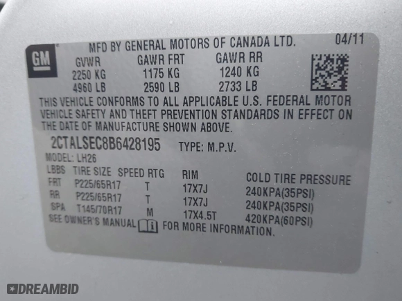 2011 GMC Terrain SLE-2 with VIN 2CTALSEC8B6428195, listed as a IAAI auction lot 41957022 with 118,735 mi miles. Bid and sale history available at carsss.com. Image 9.