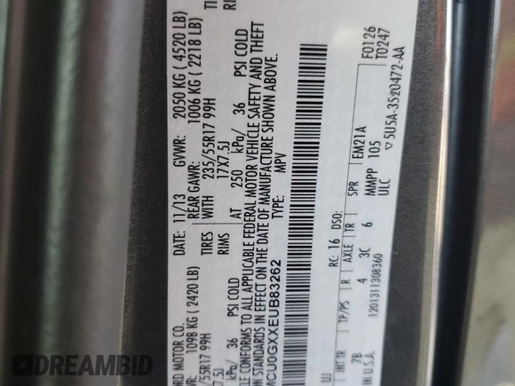 2014 Ford Escape SE with VIN 1FMCU0GXXEUB83262, listed as a Copart auction lot 55216115 with 113,549 mi miles and Clean Title. Bid and sale history available at DreamBid. Image 13.