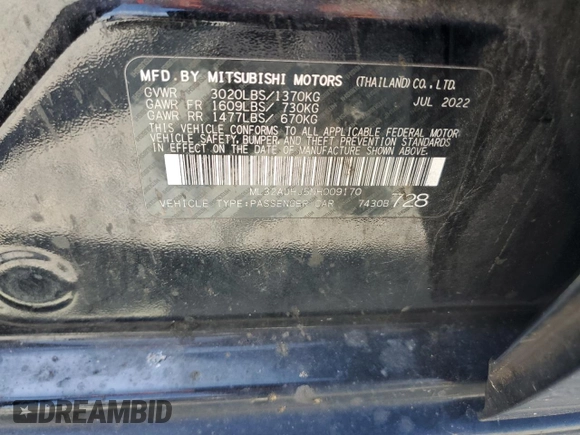 2022 Mitsubishi Mirage ES с VIN ML32AUHJ5NH009170, выставлен на аукционе Copart как лот 54582395 с пробегом 152 663 миль миль и Списание • Salvage title. История ставок и продаж доступна на DreamBid. Изображение 12.