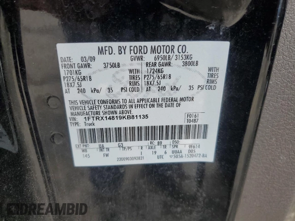 2009 Ford F-150 STX with VIN 1FTRX14819KB81135, listed as a Copart auction lot 61414765 with Not provided miles and Salvage title. Bid and sale history available at DreamBid. Image 12.