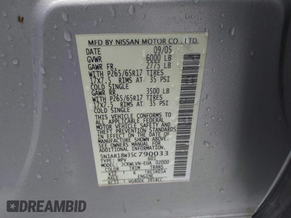 2005 Nissan Pathfinder SE z VIN 5N1AR18W35C790033, wystawiony jako IAAI lot #41949129 z przebiegiem 227 199 mil mil oraz . Historia ofert i sprzedaży dostępna na DreamBid. Obrazek 9.