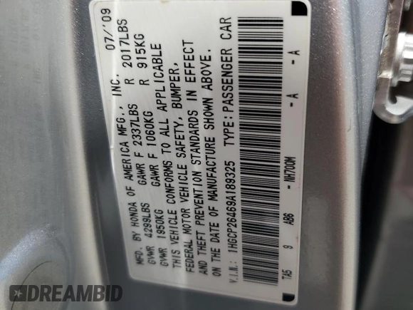 2009 Honda Accord LX-P with VIN 1HGCP26469A189325, listed as a Copart auction lot 52613275 with Not Provided miles and Salvage Title. Bid and sale history available at DreamBid. Image 12.